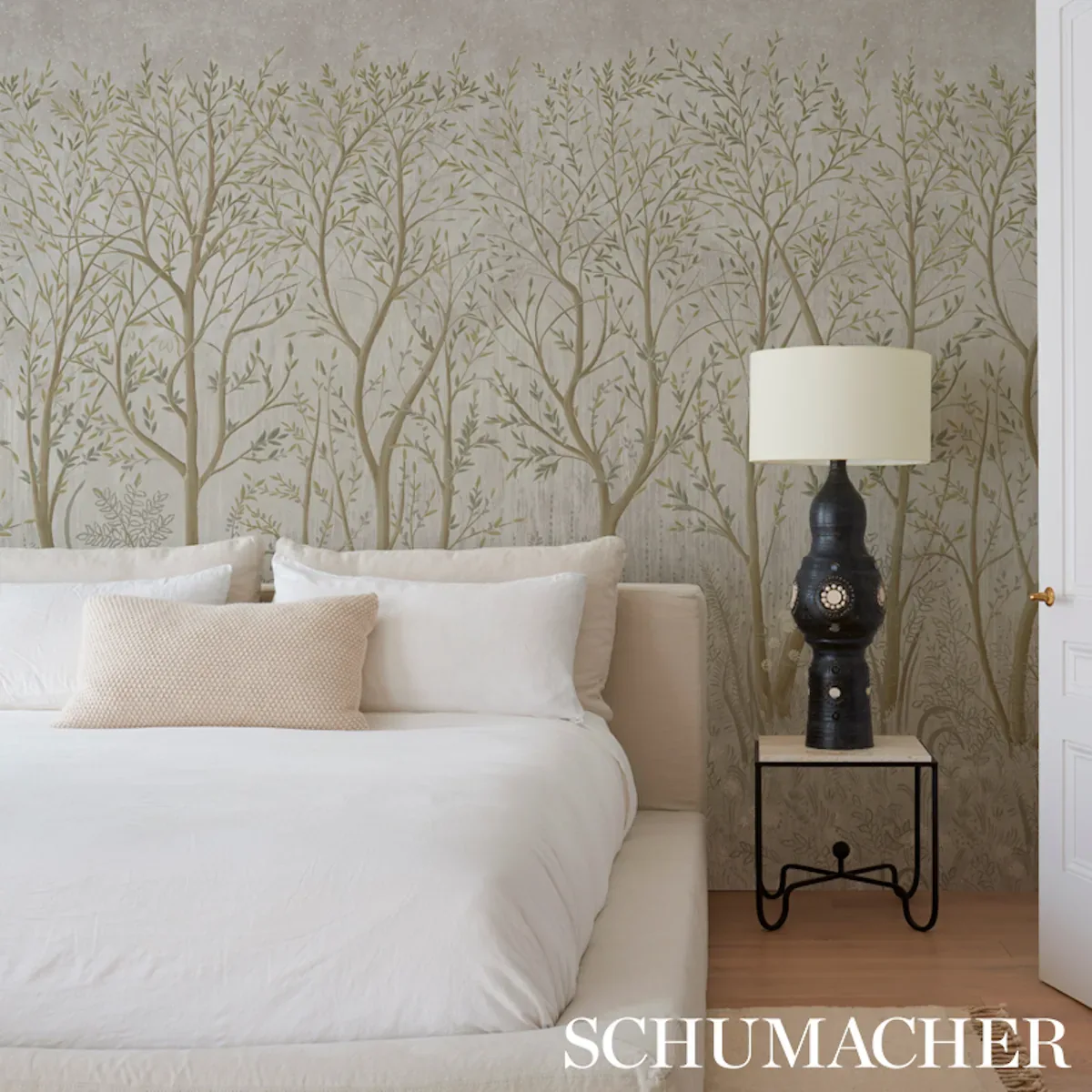 Schumacher BRINDILLE GOLDEN ACCENTED PANEL SET wallpaper, color DOVE, SKU 5010920